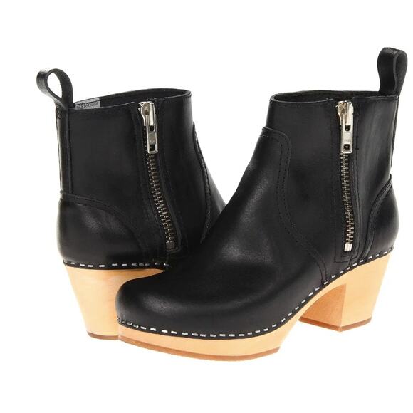 Swedish Hasbeens 39 black Zip It Emy boot bootie zipper ankle leather wood clog - Picture 1 of 8